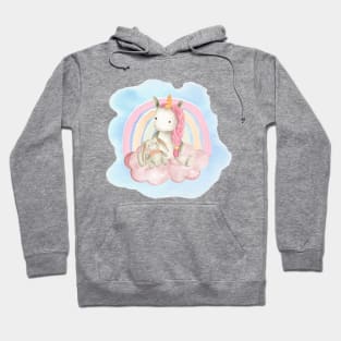 Cute pink baby unicorn with her favourite bunny toy sitting on a fluffy pink cloud Hoodie